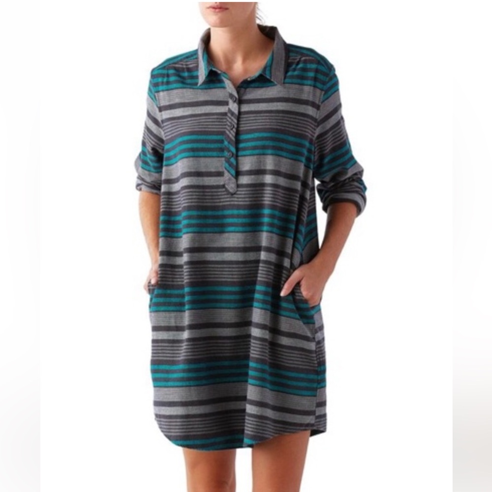 Patagonia small Haywood blue grey flannel long sleeve striped dress cotton shift